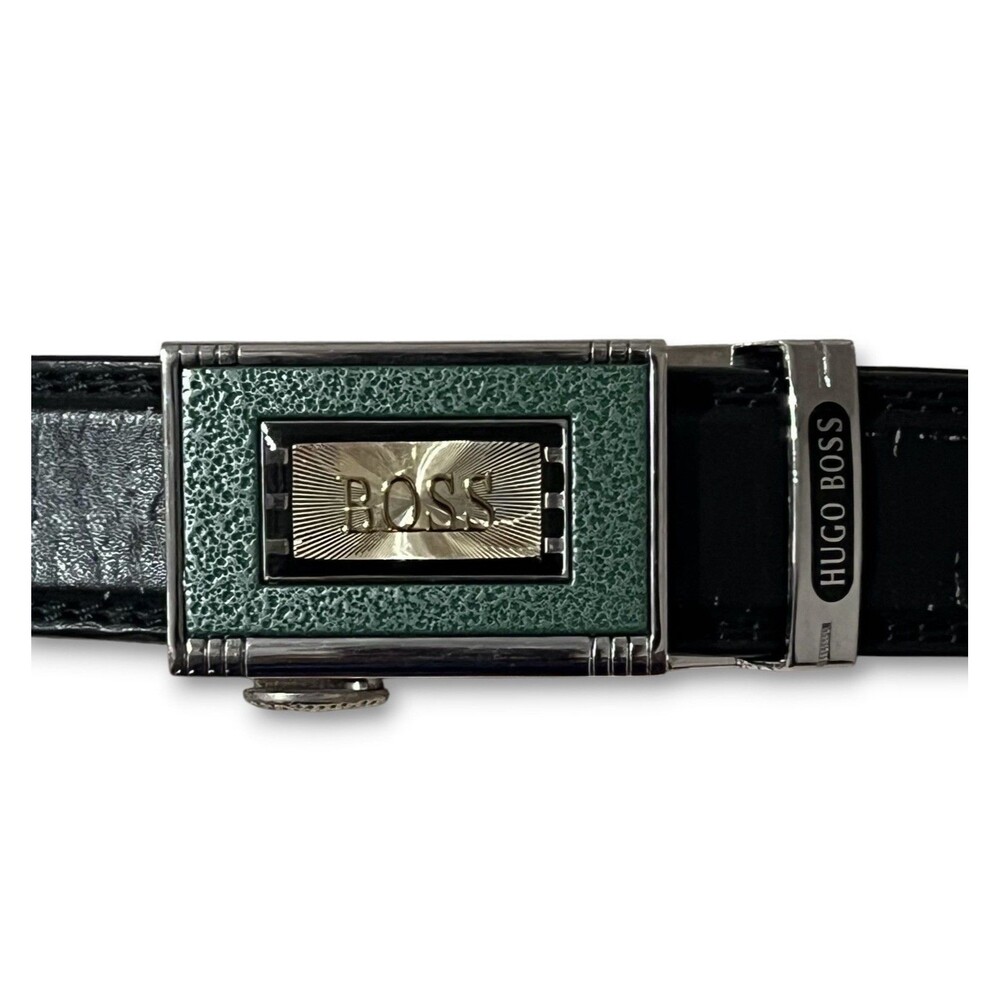 HUGO BOSS Men’s Dress Belt Buckle Ratchet Click Lock Chrome Green Gold Designer